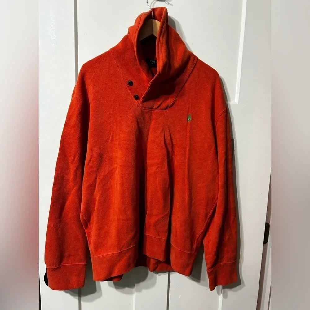 Polo Ralph Lauren Mens  Shawl Neck Cotton Sweater Orange green pony